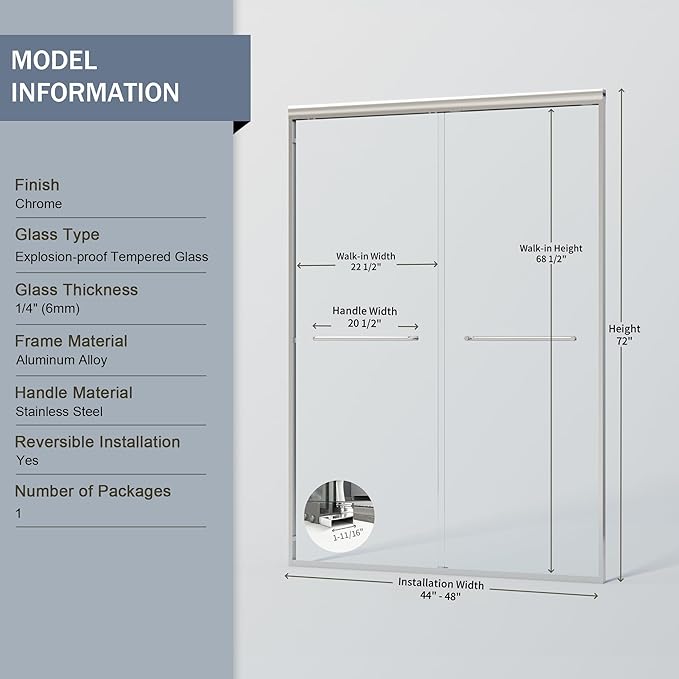 44-48 in. W x 72 in. H Double Sliding Shower Door, Semi-Frameless Bypass Bathroom Sliding Door with 1/4" (6mm) Tempered Glass for Walk-in Shower, Chrome