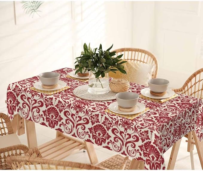 Vintage Damask Rectangular Tablecloth Red Floral 52x70 Table Cloth for Wedding Party Banquet,Dining Kitchen Rustic Table Cover