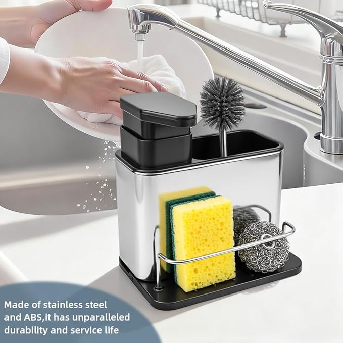 Soap Dispenser for Kitchen Sink, Stainless Steel 3-in-1 Sponge Holder for Kitchen Sink, Dish Soap Dispenser with Sponge Holder Rustproof Dishwashing Brush Holders