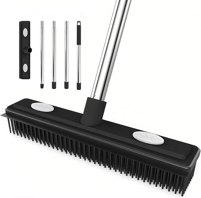 Carpet Rake Reusable Pet Hair Remover Rubber Broom with Squeegee for Pet Hair Removal Tool 59" Long Handle Cat and Dog Hair Remover for Area Rugs, Carpet, Hardwood Floor, Tile