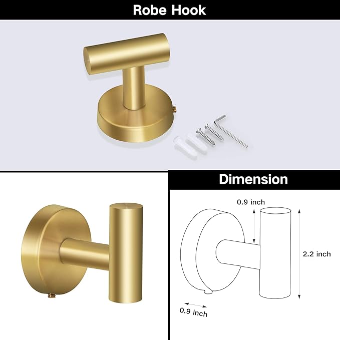 Towel Hooks Bathroom Coat Hooks Robe Hook Stainless Steel Heavy Duty Door Hanger Towel Robe Clothes Cabinet Closet Sponges Wall Hook for Bedroom Kitchen Hotel 4 Packs (Gold)