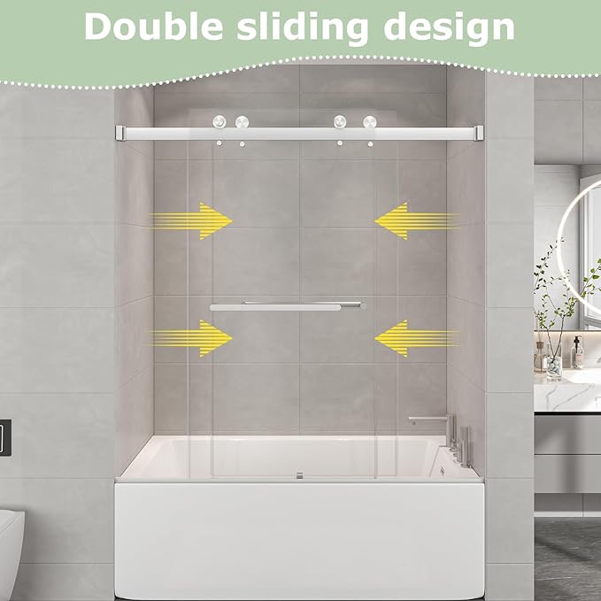 55"-60" W x 60" H Frameless Bathtub Shower Door, Double Sliding Shower Door,5/16"(8mm) Clear Tempered Glass,Easy Sliding Tub Shower Door with Explosion-Proof Film (Brushed Nickel 60" Wx60 H)