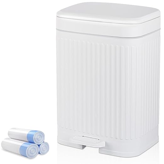 rejomiik Small Bathroom Trash Can with Lid 2.1 Gallon Soft Close Step Slim Garbage Can Waste Bin for Office, Bedroom, Kitchen, White