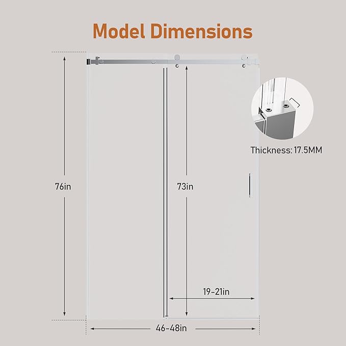 46-48 Inch Frameless Sliding Shower Door, 76" Height, 5/16" (8mm) Clear Tempered Glass, Smooth Gliding Track & Anti-Jumping System, Stainless Steel Chrome Finish