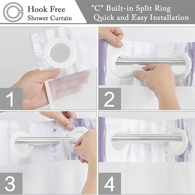 No Hook Shower Curtain with Snap in Liner, Hotel Style Purple White Gold Brush Strokes Art Modern Shower Curtain Waterpoof Washable with See Through Top Window,71"x71"