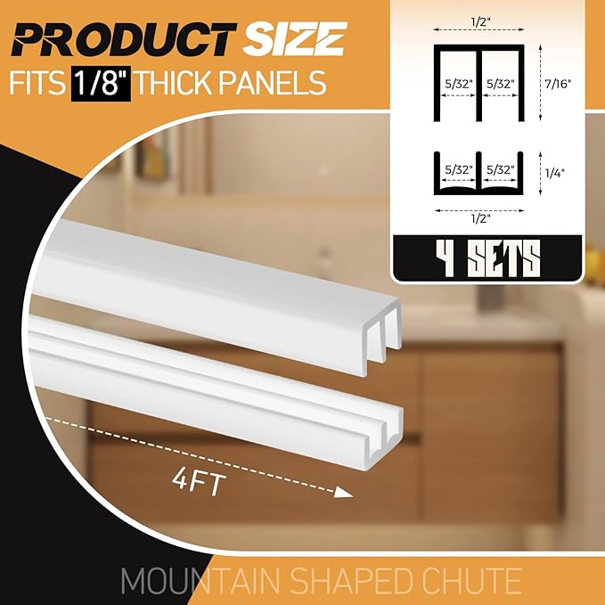 Landical 4 Sets 4FT Sliding Door Track for 1/8" Thick Panels Closet Glass Doors Plastic Cabinet Window Sliding Track (White)