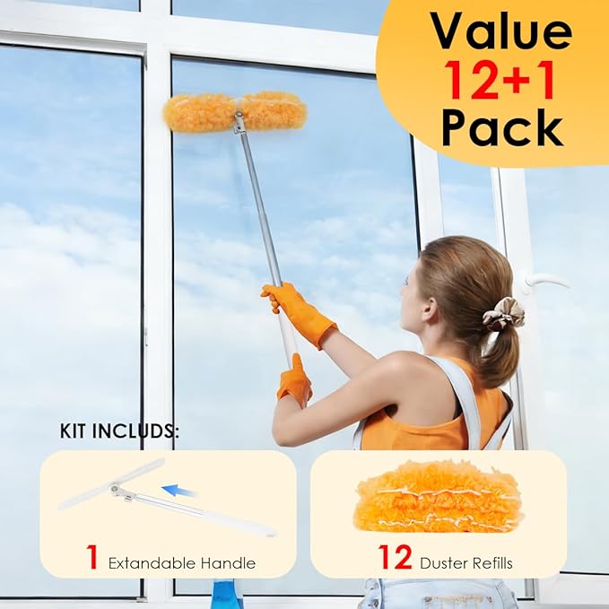 Extendable Duster Kit with 6FT Telescoping Handle & 12 PCS Duster Refills, 360° Disposable Microfiber Pads for Home Cleaning, Ceiling Fan, Blinds, Furniture (Duster Kit (13 PCS))