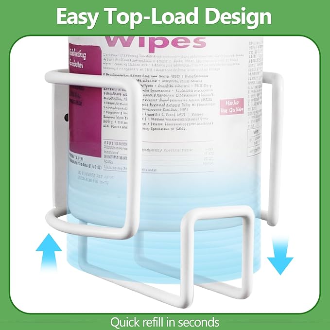 Wall-Mount Wipes Holder, Wipes Dispenser for Surface Cleaning Wipes, 5mm Steel Wire, Easy-Load Design with Strong Adhesive Backing (White, Large)