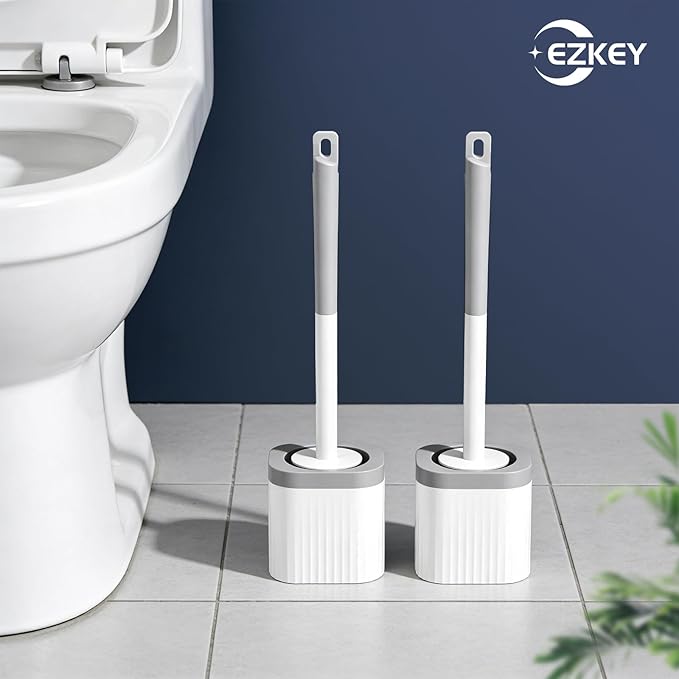 Toilet Brush, Compact Toilet Brush and Holder Set with Nylon Bristles 2 Pack Toilet Bowl Brush Small Hidden Scrubber Brushes for Bathroom Deep Cleaning, Grey & White