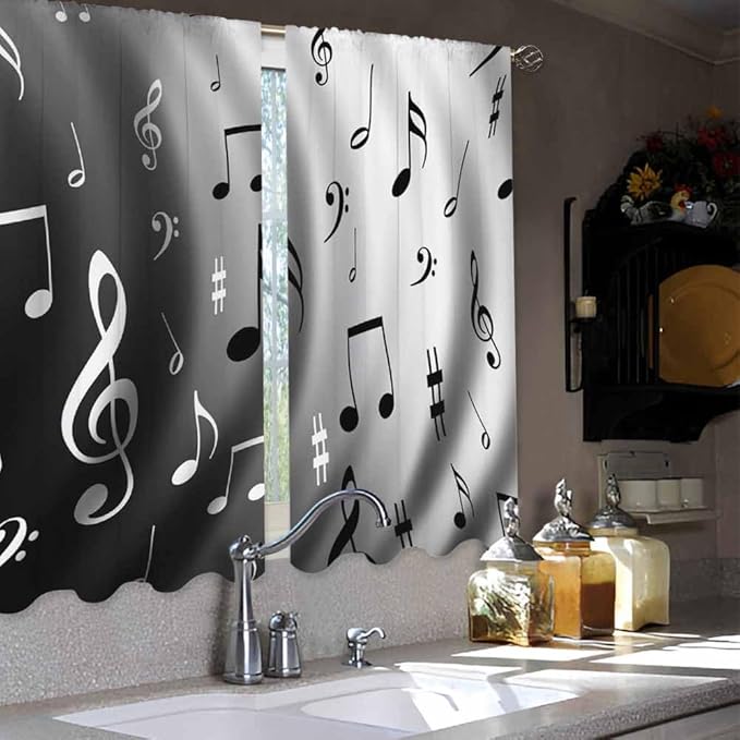 Modern Kitchen Curtains Black and White Music Notes Dancing Short Tier Curtains for Bathroom Cafe Small Window Drapes Treatment 2 Panels (27.5x39 Inch)