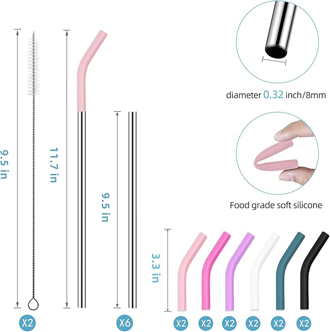 30 oz Stainless Metal Straws for 30 oz Stanley Tumbler, 6Pcs Reusable Straight Long Steel Straws with 12 Silicone Tips and 2 Straw Cleaning Brushes (6Color2, 30oz)