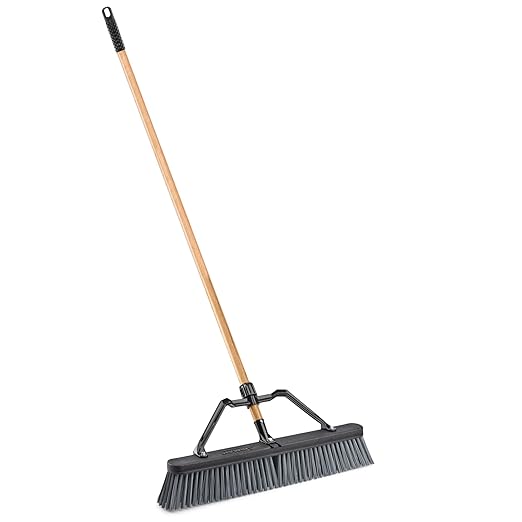 LIBMAN 829 Push Broom with Hard Polymer Support Brace, 24", Heavy-Duty Bristles, Wood Handle