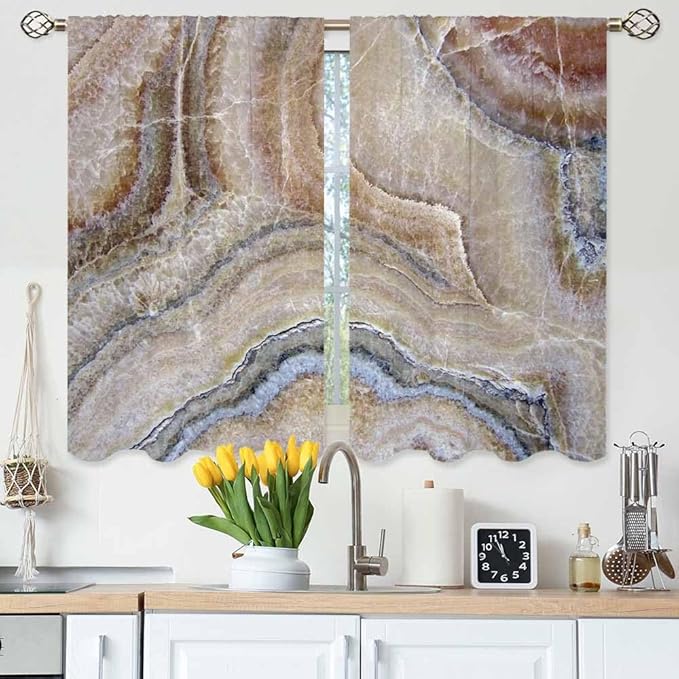 Onyx Marble Kitchen Curtains Nature Stone Surface Pattern Rock Granite Texture Short Tier Curtains for Bathroom Cafe Small Window Drapes Treatment 2 Panels (27.5x39 Inch)