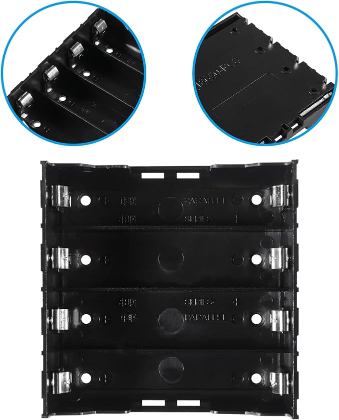 6pcs 18650 Battery Case Holder 4 Slots X 3.7V 18650 Battery Storage Box, in Parallel Black Plastic Batteries Clip Box with Pin for DIY Parallel or Series Circuit PCB Projects
