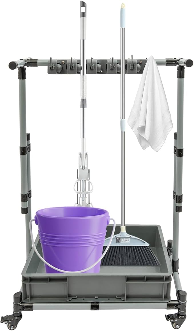 Garden Tool Organizer, 10 Slots with Hooks, Movable Floor-Mounted Mop Rack Floor Standing Cleaning Tool Cart Storage for Garage Organization and Storage, Hold Long-Handled Tool/Rake/Broom (Style 1)