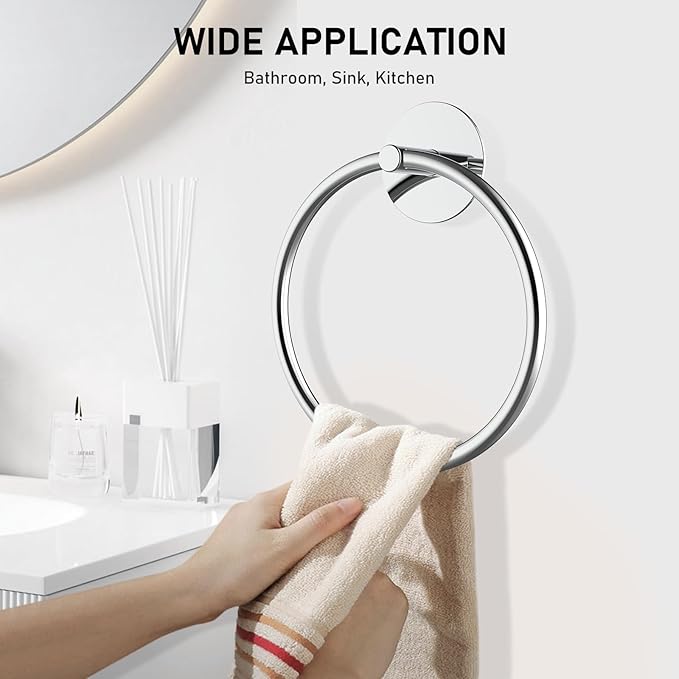 SetSail Adhesive Towel Holder for Bathroom Wall Stainless Steel Hand Towel Ring Towel Hanger for Bathroom 2 Packs, Mirror Silver
