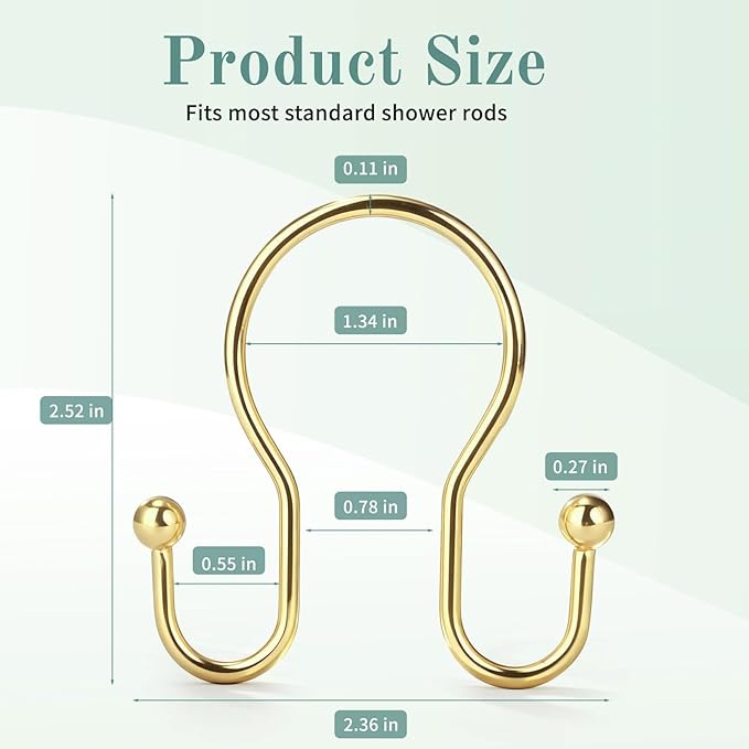 Goowin Shower Curtain Hooks, 12 Pcs Shower Curtain Rings, Stainless Steel Shower Curtain Hangers, Gold Shower Curtain Hooks Rings Rust Proof, Minimalist Shower Hooks for Shower Curtain, Gold