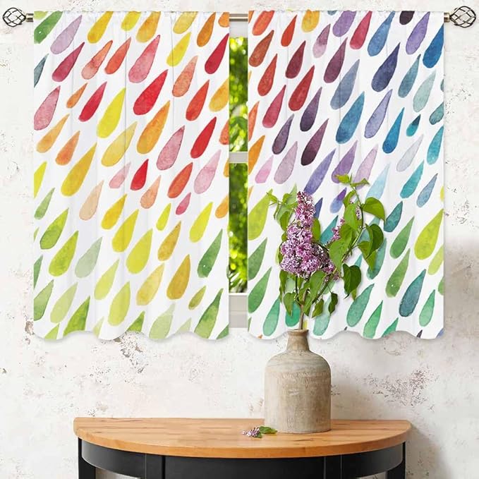 Rainbow Raindrops Kitchen Curtains Colorful Abstract Droplet Blob Brush Strokes Short Tier Curtains for Bathroom Cafe Small Window Drapes Treatment 2 Panels (27.5x39 Inch)