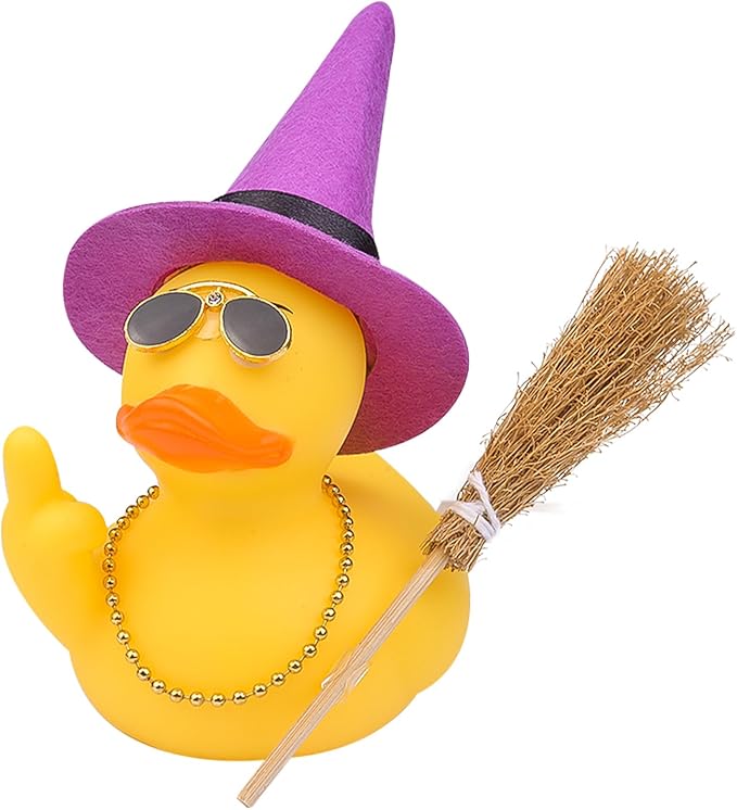 Halloween 3.15" Fun Rubber Duck Witch Duck Car Dashboard Decorations Halloween Witch Hat Broom Sunglasses Necklace for Car Home for Office Accessories