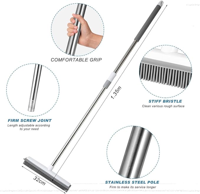 Pet Hair Removal Broom Long Handle Adjustable Carpet Rake Cat Dog Hair Remover Rubber Broom with Built in Squeegee Lint Remover Brush for Carpets Couch Rugs Mats Stairs (53inch)