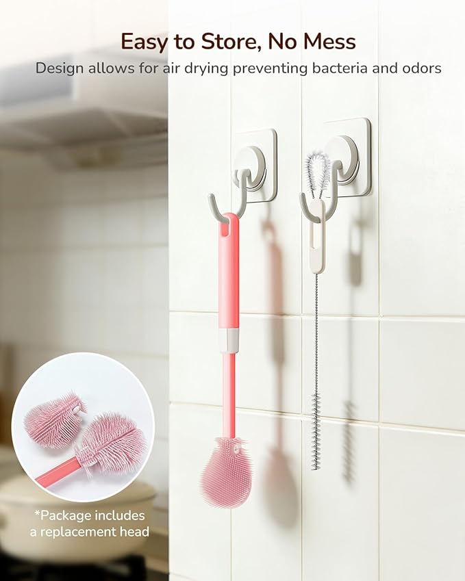 Extendable Bottle Brush with Straw Cleaner Brush, 10.8 to 14 Inches Adjustable Long Handle Water Bottle Scrubber for Cleaning Glasses, Cups, Coffee Mugs, tumblers with Replacement Head, Pink