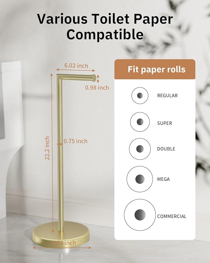 BWE Brushed Gold Toilet Paper Holder Stand, SUS304 Stainless Steel Modern Free Standing Toilet Paper Holder for Bathroom and Washroom with Heavy Weighted Base