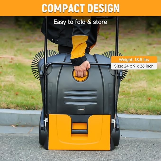 Hoteche 28-Inch Walk Behind Outdoor Manual Push Floor Sweeper, 4-Gallon Capacity, 30200 ft²/h Sweeping Efficiency, Lightweight Non-Electric Sweeper for Driveways, Patios, and Warehouses