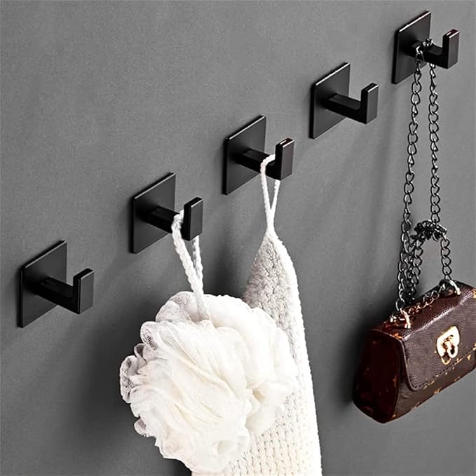 Flybath Coat Hook SUS 304 Stainless Steel Towel Robe Hooks Square Bathroom Accessories Wall Mounted Self Adhesive (No Drilling), Plating Matte Black - 2 Pack