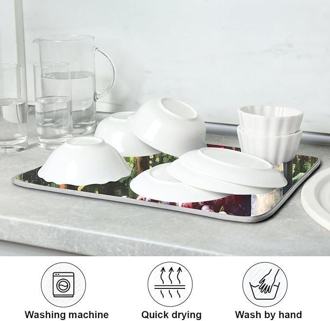 Grapes Wine Glass Bottle Dish Drying Mat for Kitchen Counter Absorbent Microfiber Drying Pad, Medium 16x18 in