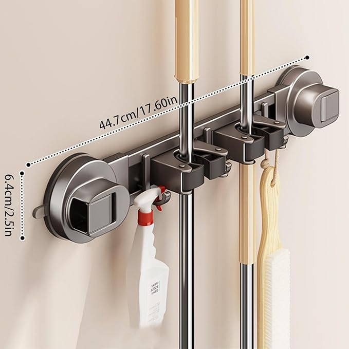 Wall-mounted Mop Holder for Bathrooms, Storage Rack Suitable for Bathrooms, Kitchens, Garages, Gardens, and Laundry Rooms (4 Clips & 5 Hooks/23.9in)