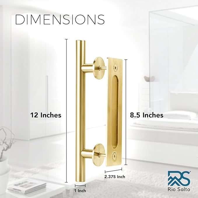 Rio Salto Gold Barn Door Hardware Kit Sliding Door Hardware Modern Barn Interior Closet Pantry Brushed Brass Panel Hardware with Handle Bar and Floor Guide Hardware Kit Plus, 6ft 8in - NO Door