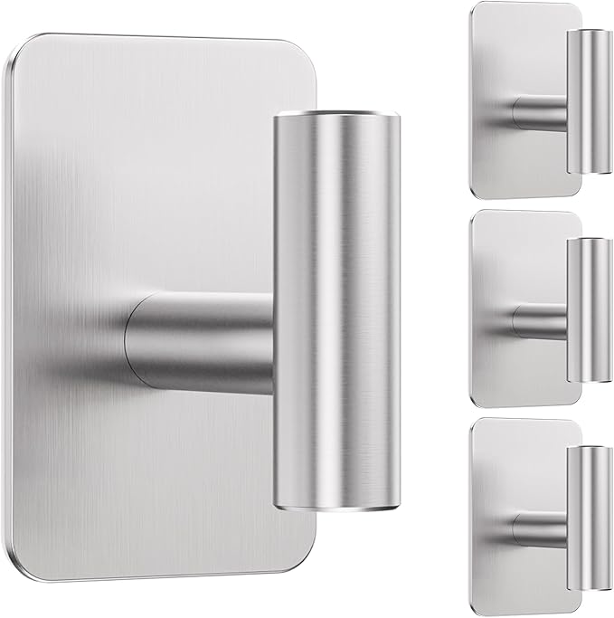Heavy Duty Adhesive Hooks - 26lb Max, Sticky Wall Hooks Waterproof Stainless Steel for Hanging Towel, Coat, Robe, Towel Hooks Stick on Bathroom, Kitchen, Shower, Door (Silver, 4 Pack)