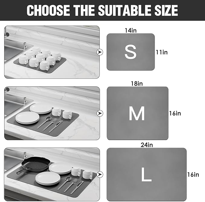 Dish Drying Mat for Kitchen Counter Super Absorbent Drainer Mats with Non-slip Rubber Backed Hide Stain Heat Resistant Easy to Clean Dish Rack Mat (Gray, L-24"x16")