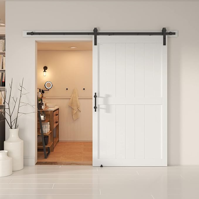 48''x 80'' Sliding Barn Door with 8 Ft Barn Door Hardware Kit& Handle& Floor Guides,Pre-Drilled Holes Easy Assembly - Include Installation Manual, Water-Proof PVC Surface, H-Frame, White