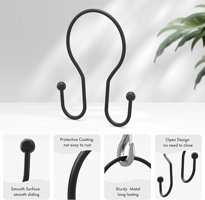 AmazerBath Shower Curtain Hooks Black Shower Curtain Rings, Simple Double Hook Shower Curtain Hooks Rust Proof, Smooth Sturdy Metal Shower Hooks for Shower Curtain Rod, 12 Pcs Shower Rod Hooks