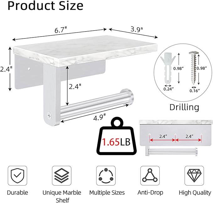 Brushed Nickel Toilet Paper Holder with Natural Marble Shelf, Screw Wall Mounted, Tissue Roll Holder for Bathroom Washroom