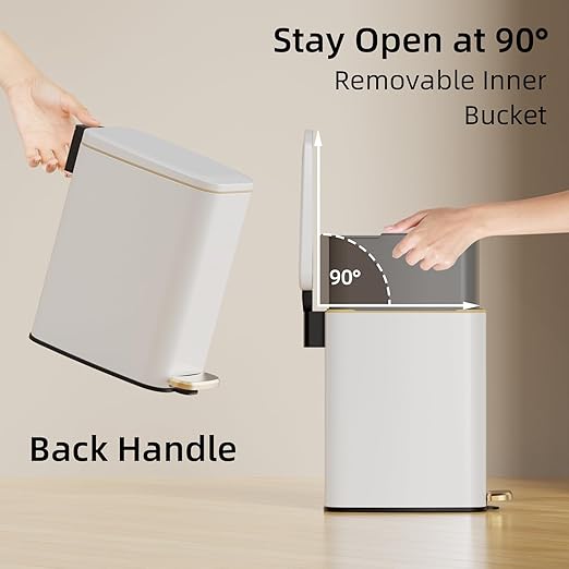 Small Bathroom Trash Can with Lid Soft Close, Step Pedal, 6L / 1.6 Gal Stainless Steel Garbage Bin with Removable Inner Bucket, Slim Wastebasket for Narrow Spaces (White)