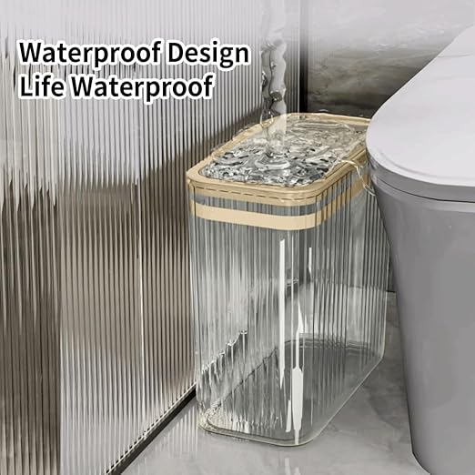 Bathroom Trash Can with Lid3.5 Gallon Garbage Can，for Bedroom, Office, Plastic Slim Waste Basket with Press Top Lid, 15l Clear Trash Bin for Home Slim Trash Bin Clear, Kitchen(Transparent)