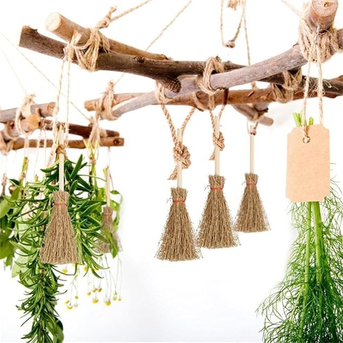 5Pcs Mini Witch Brooms for Dollhouse, Handmade 1:12 Scale Broomstick Set, Fairy Cottage Display and Cosplay Props