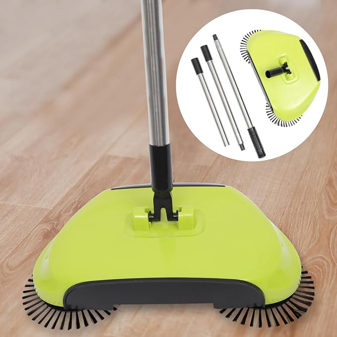 Manual Push Floor Sweeper Broom, Hand Push Sweeper with Enclosed Dustpan Bin, 3‑in‑1 360° Rotating Floor Cleaning Brush Mop Machine Adjustable Handle Vacuum‑Free for Tile Hardwood Carpet Green