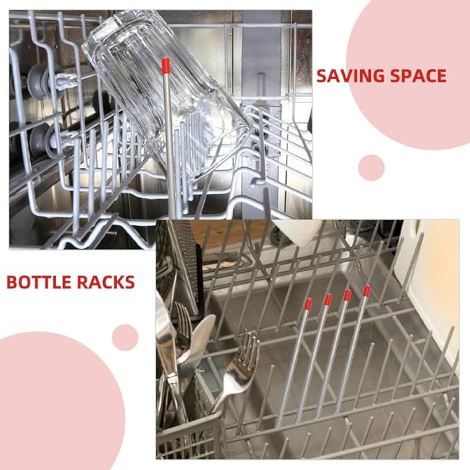 Unomor 6Pcs Stainless Steel Dishwasher Insert Draining Sticks Bottle Holder Rods for Dishwasher Accessories Fits Standard Bottle Racks Space-Saving Design for Wine Glasses Soda