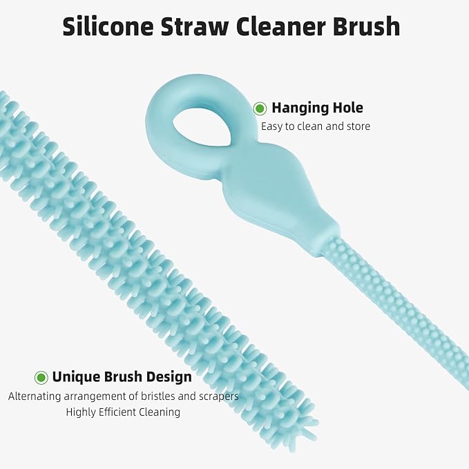 Silicone Straw Cleaner Brush, 4-Piece Reusable Straw Brush Set with Extra-Long Design for Cleaning Thin Metal Straws and Wider Milkshake Straws （6mm+9mm Blue)