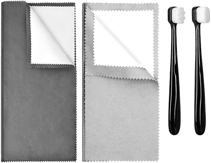 Syyflibb 2PCS Jewelry Cleaning Cloth, Silver Polishing Cloth Jewelry,2 PCS Ultra-Soft Brushes (Flat & Wave) for Cleaning Gold, Diamonds, Platinum, Gemstones, Coins (Black and Gray)