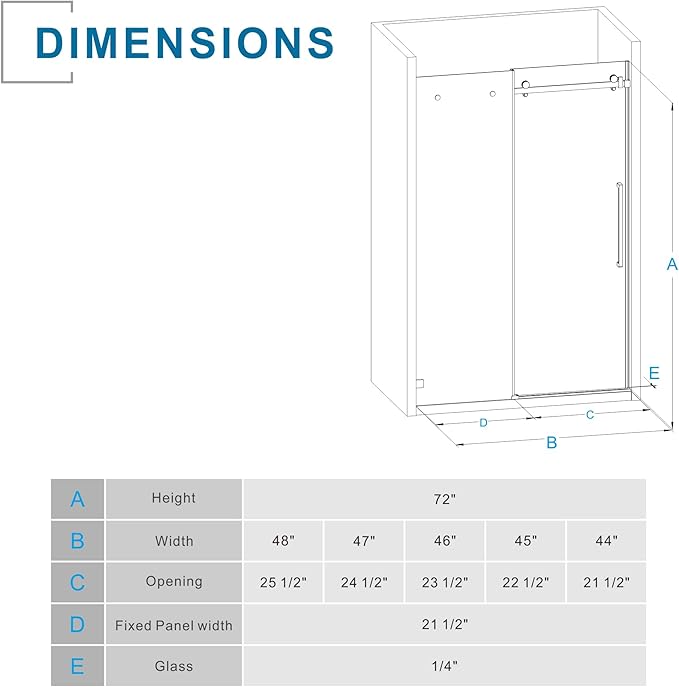 Frameless Shower Door 48" W x 72" H, 1/4" Clear Tempered Glass, Sliding Design, Reversible Installation, Chrome Finish, Space-Saving Glass Shower Door for Small Bathrooms