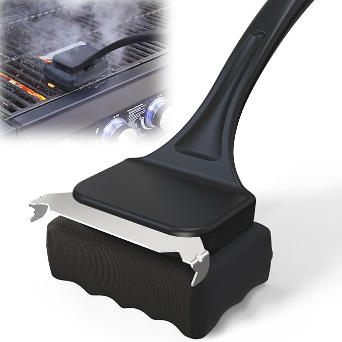 Grill Brush for Outdoor Grill, Steam Grill Cleaner Bristle Free with Scraper, Replaceable Cleaning Head & Heat-Resistant Handle, Grilling Gifts for Dad, Men - Black