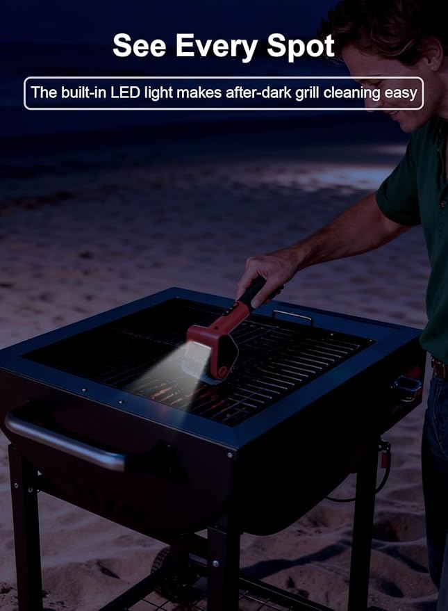 Electric Grill Brush with LED Light, 650 RPM High-Speed Non-Shedding Spinning Cleaner, Removable Washable Brush Head and 2 Scouring Pads, Rechargeable BBQ Cleaning Tool for Outdoor Grilling & Camping