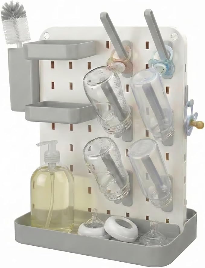 Baby Bottle Drying Rack with Brush & Soap Organizer, Space Saving Countertop Dryer Holder for Breast Pump Parts, Nipples & Accessories, Detachable High Capacity Stand with Drip Tray, BPA Free