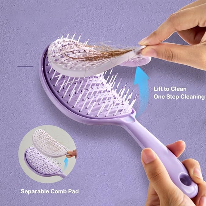 Self Cleaning Hair Brush, Easy Clean Detangling Brush, Curved Vented Detangler Brush for Faster Blow Drying for Women Men Kids, Wet & Dry Hair (Purple)