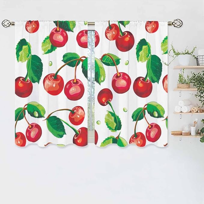 Red Cherry Kitchen Curtains Sweet Ripe Fruit Fresh Juicy Berry Short Tier Curtains for Bathroom Cafe Small Window Drapes Treatment 2 Panels (27.5x39 Inch)