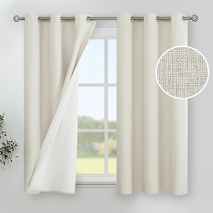 YoungsTex Linen Blackout Curtains 45 Inch Length for Bedroom, Short Thermal Insulated Window Drapes Full Room Darkening with Grommet White Liner for Living Room, 2 Panels, 42 X 45 Inch